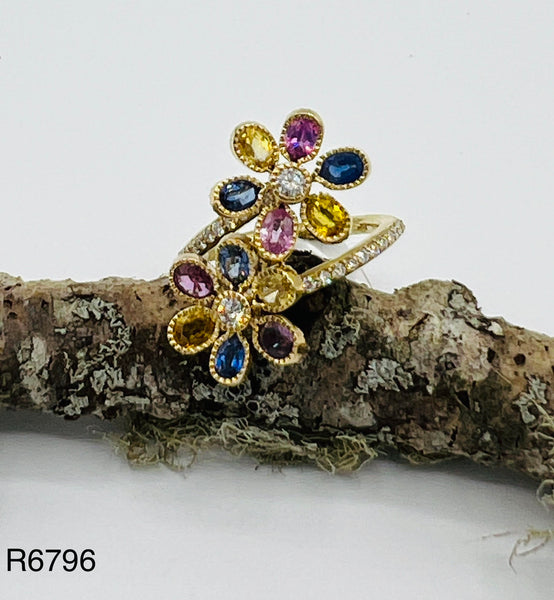 Double Flower Ring with Bright Multi-colored Sapphire Petals and Diamonds