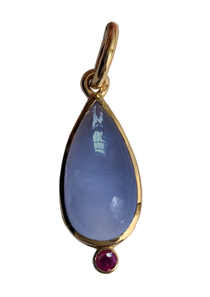 Teardrop Pendant - 14k Gold, Blue Chalcedony with Pink Ruby