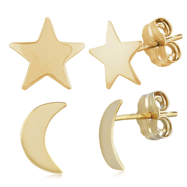 14k Gold Star & Moon Earring Set