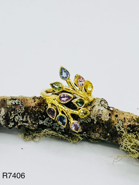18k Gold Multi Colored Sapphire Leave Ring By John Apel