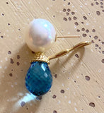 Round Pearls with Blue Topaz Drop Earrings - 14K Gold