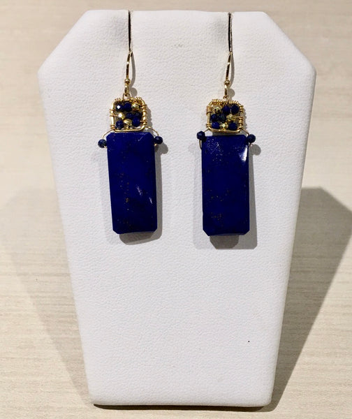 Lapis Faceted Rectangular Wire Wrapped Square - Earrings