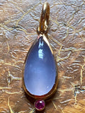 Teardrop Pendant - 14k Gold, Blue Chalcedony with Pink Ruby