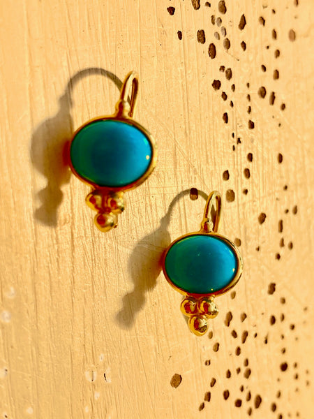 Turquoise Cabochon Earrings - 14k Gold