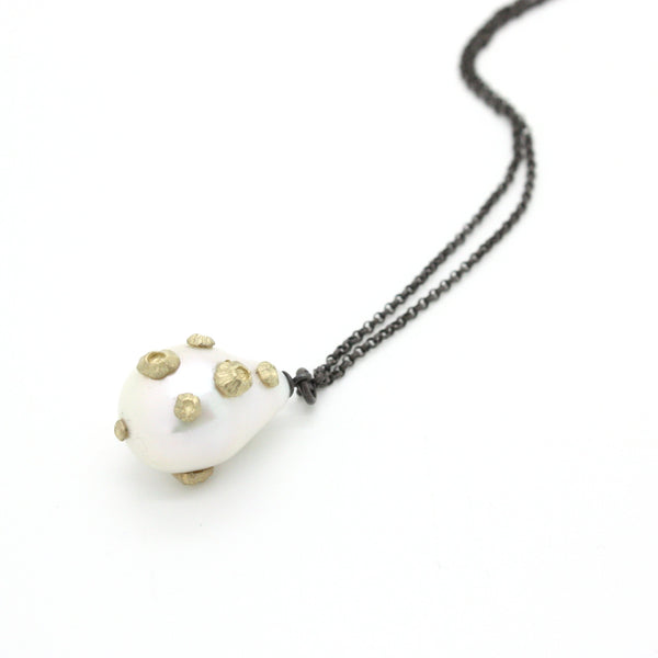 Long Pearl Necklace with 14k Gold Barnacles, 32 inch chain