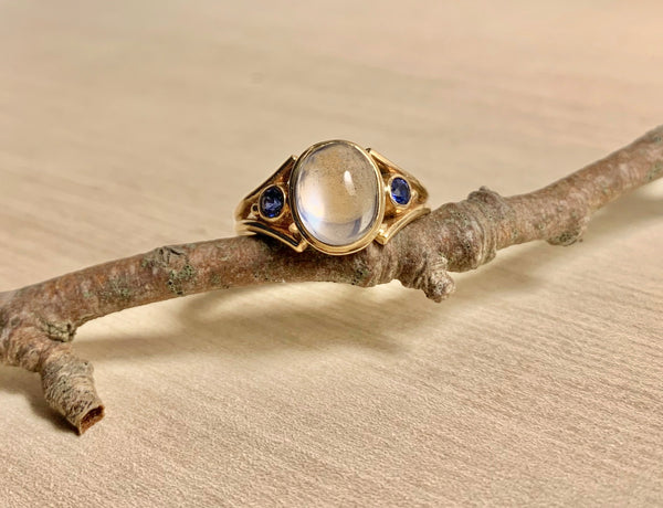 Split Shank Moonstone Ring - 14k Gold, Side Sapphires, Size 7.5