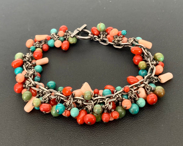 Turquoise, Coral, and Sterling Silver Bracelet