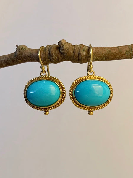 Turquoise Cabochon Earrings - 18K Gold